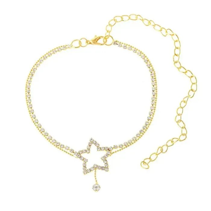 Women’s Fashion Personality Five-pointed Star Heart Shape Rhinestone Bead Necklace Anklet