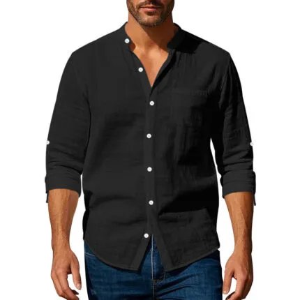 Long Sleeve Stand Collar Shirt With Pockets Casual Men’s Clothing