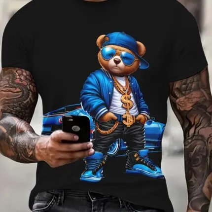 Men's Novelty T-shirt - Cool Bear Printed Casual Round Neck - Loose Short Sleeve - Cartoon Pattern T-shirt - Polyester Fabric - Easy To Care For