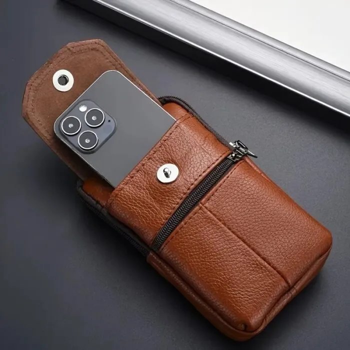 Leather Mobile Phone Shoulder Covers, Men’s Belt Bags, Vertical Holster Belt Clip Pockets, Carrying Cases With Card Slots